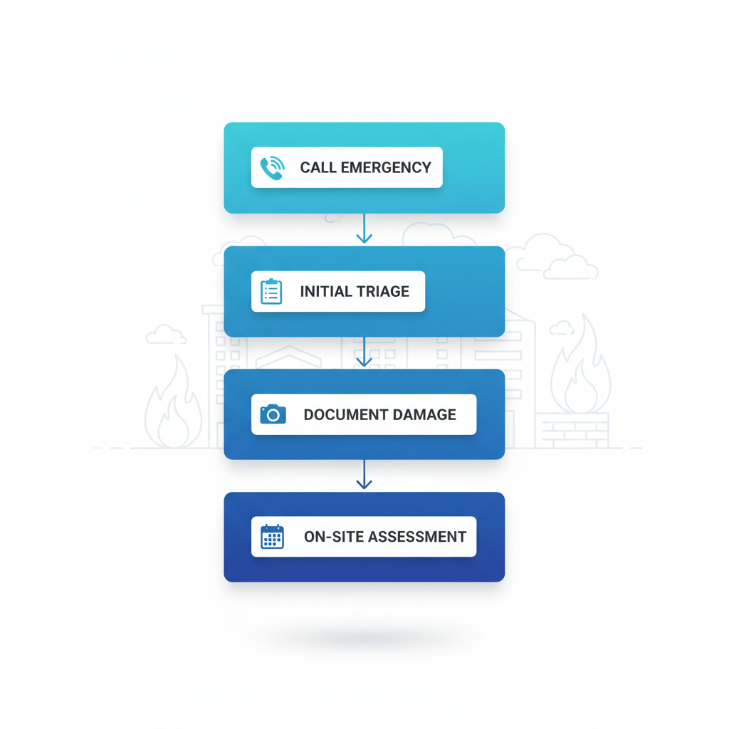 Process flow diagram illustrating the initial steps for fire restoration services in Fort Smith, including emergency call, triage, documentation, and assessment.