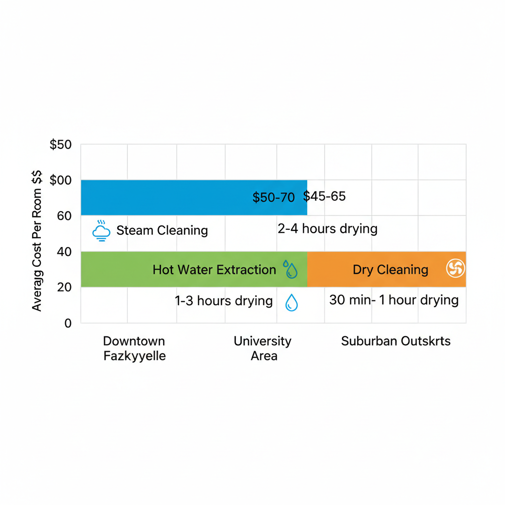 Bar chart comparing carpet cleaning costs and drying times by method in Fayetteville neighborhoods including Downtown, University Area, and Suburban Outskirts