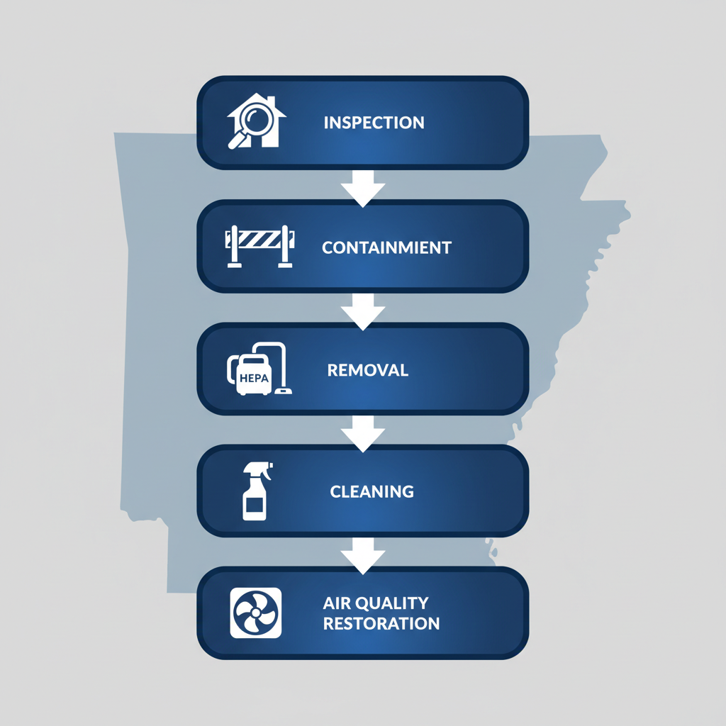 Vertical process flow diagram illustrating the five steps of mold remediation services in Springdale, including inspection, containment, removal, cleaning, and air quality restoration with icons.