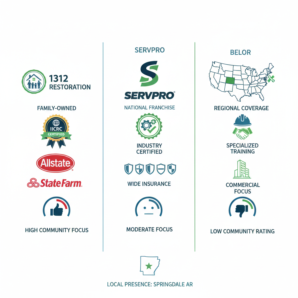 Infographic comparing mold remediation providers in Springdale: 1312 Restoration, SERVPRO, and BELFOR with icons for certifications and community focus