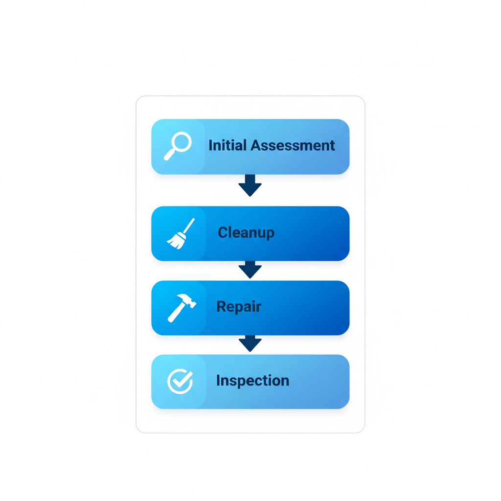 Vertical process flow diagram illustrating the four main phases of property restoration: initial assessment, cleanup, repair, and inspection.