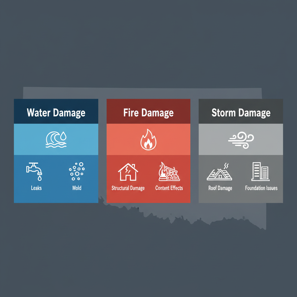 Infographic illustrating water, fire, and storm property damage types in Poteau, Oklahoma with icons and brief labels