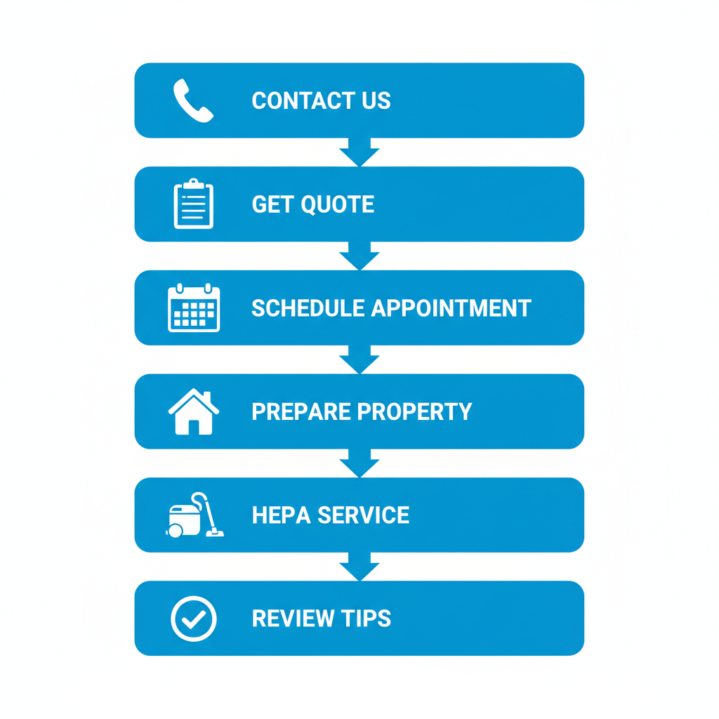 Vertical process flow diagram illustrating six steps to schedule air duct cleaning service with icons and minimal labels