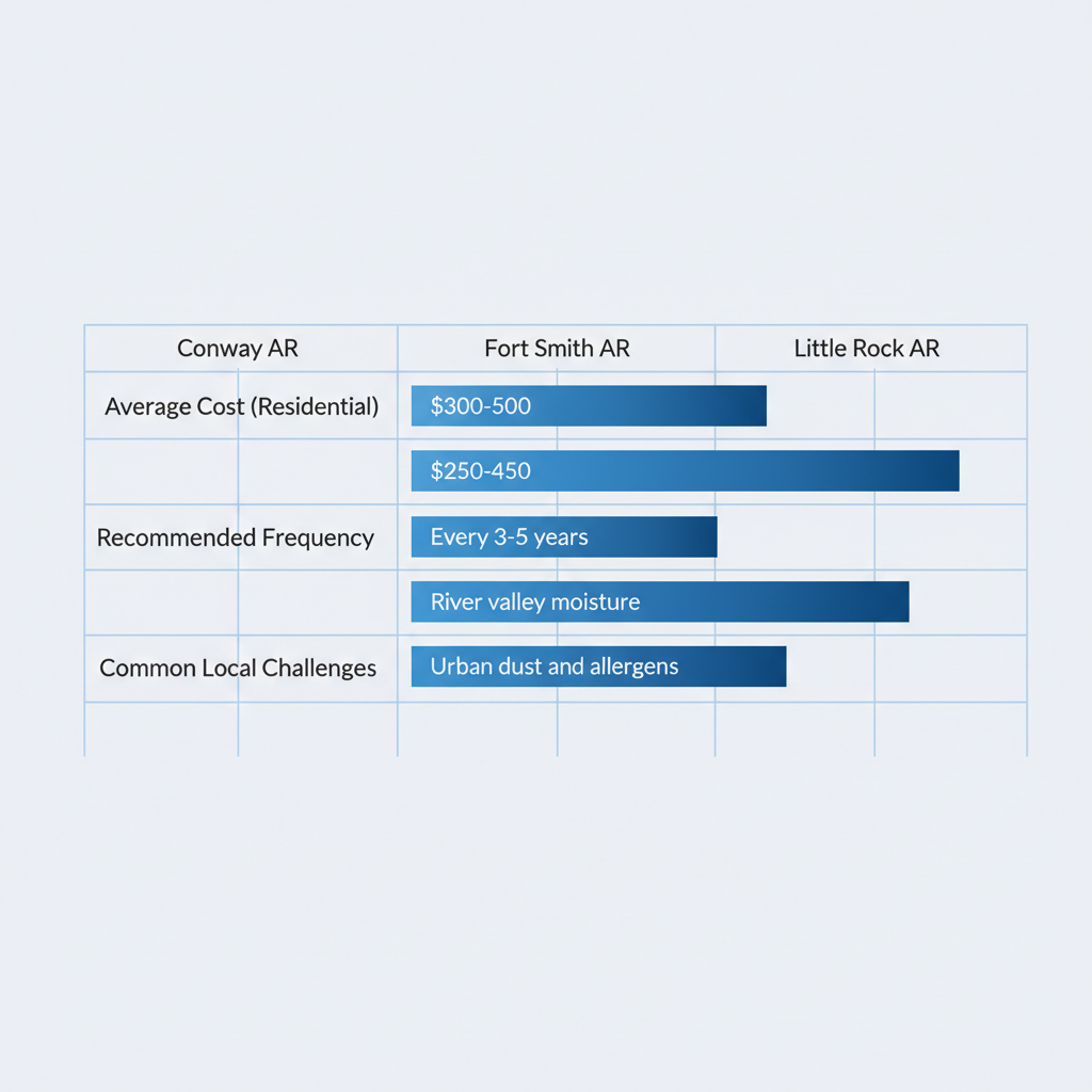 Horizontal bar chart comparing air duct cleaning costs, frequency, and challenges in Conway, Fort Smith, and Little Rock, Arkansas