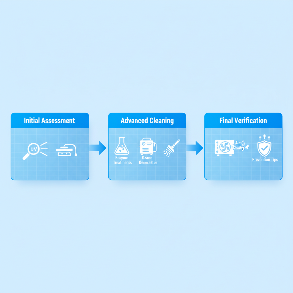 Horizontal process flow diagram illustrating the three-step professional odor removal process: initial assessment, advanced cleaning techniques, and final verification.