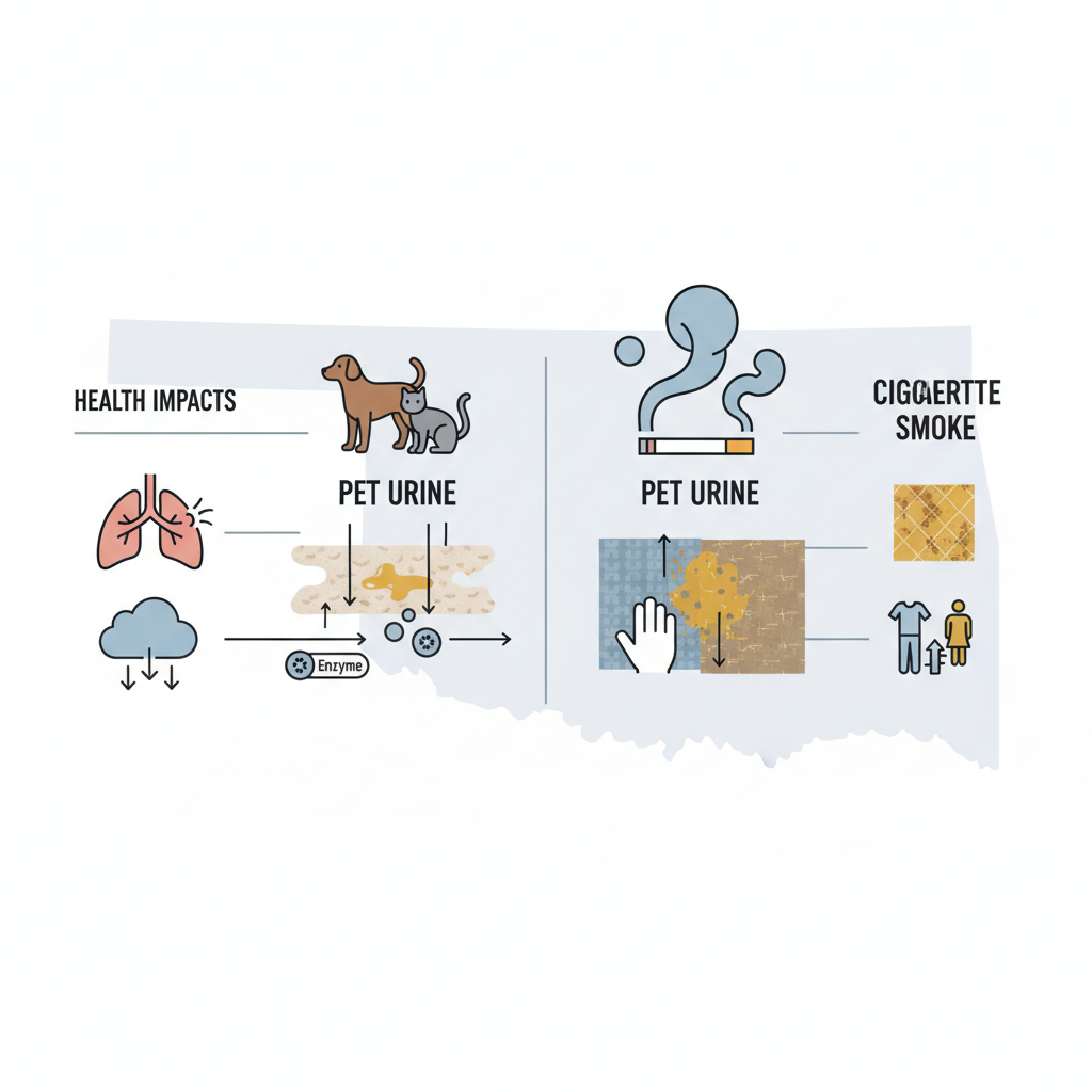 Infographic showing common household odor sources including pet urine and cigarette smoke, with health impacts in Sallisaw homes