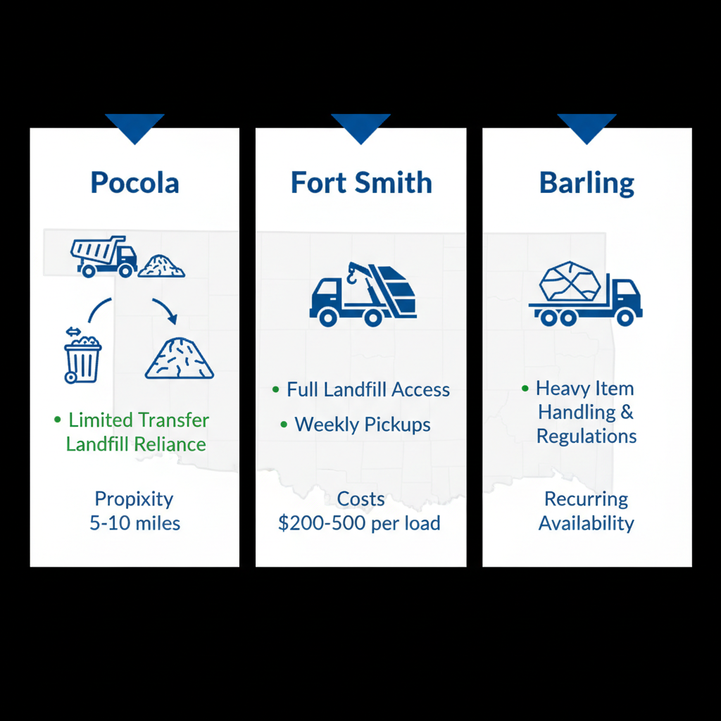 Infographic comparing construction cleanup options in Pocola, Fort Smith, and Barling with icons and key features.