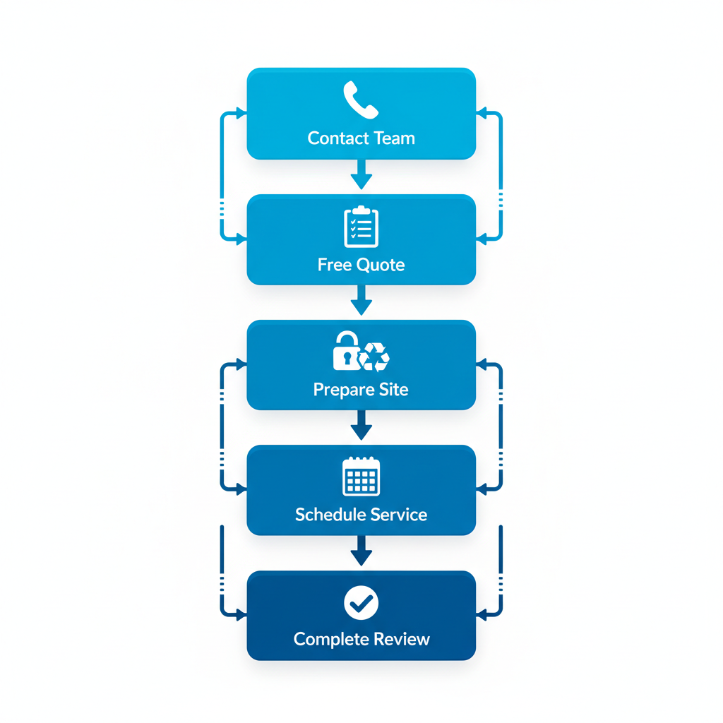 Vertical process flow diagram showing five steps to arrange construction cleanup in Pocola: contact, quote, preparation, scheduling, and completion.