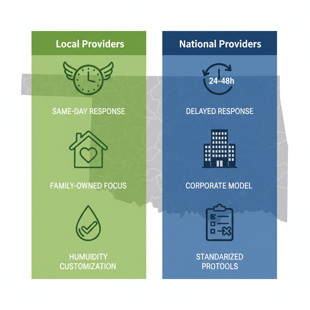 Infographic comparing local and national cleaning services in Heavener with icons for response time, ownership model, and protocols.