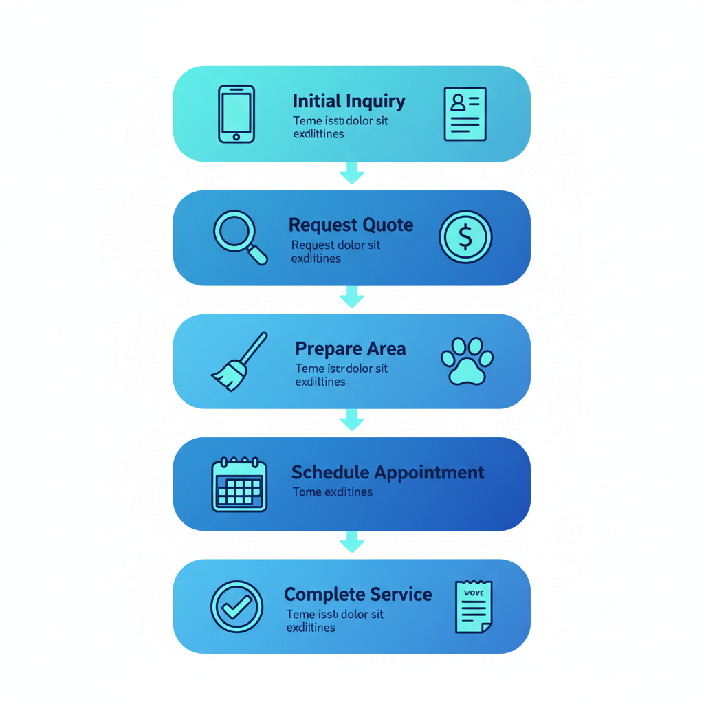 Vertical process flow diagram illustrating the five steps to book steam cleaning services in Heavener, Oklahoma, with icons and brief labels.