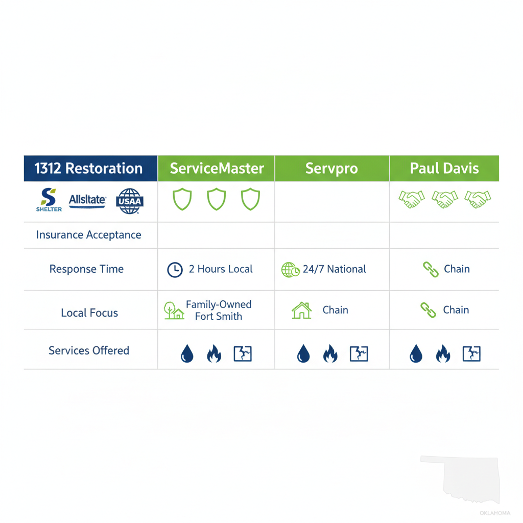 Infographic comparing property restoration providers in Wister, Oklahoma, highlighting insurance, response time, local focus, and services.