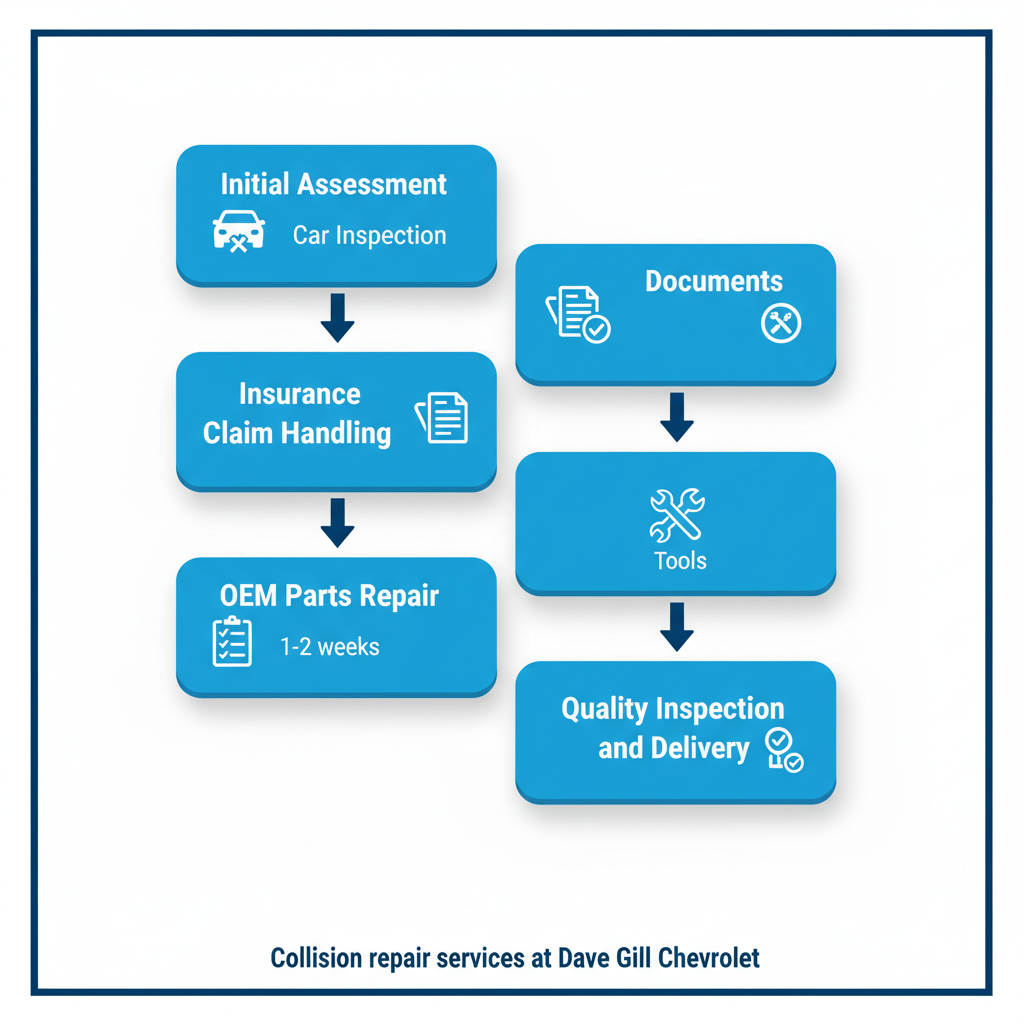 Process flow diagram of collision repair stages at Dave Gill Chevrolet including assessment, insurance handling, parts repair, and delivery