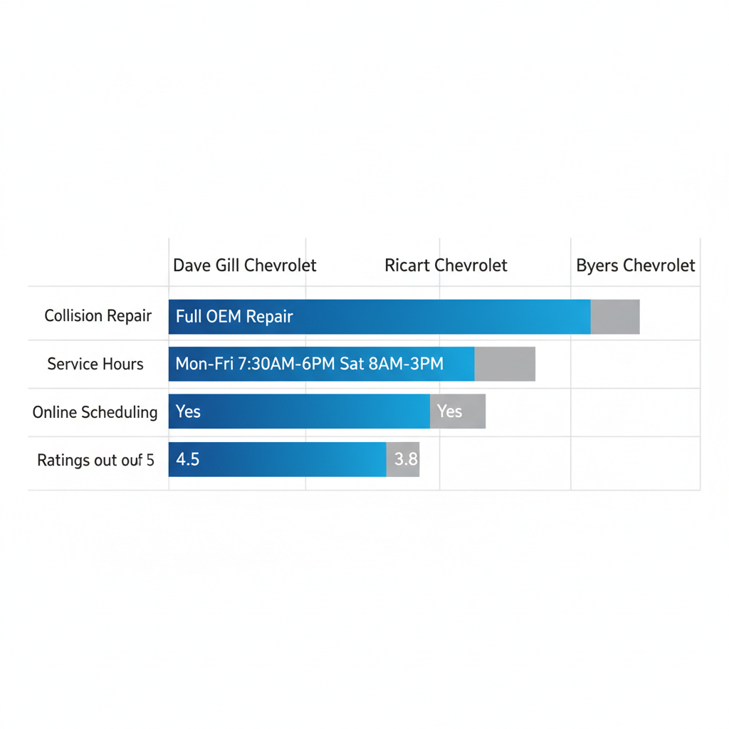 Horizontal bar chart comparing collision repair, service hours, online scheduling, and ratings of Dave Gill Chevrolet with Ricart and Byers Chevrolet in Columbus, Ohio