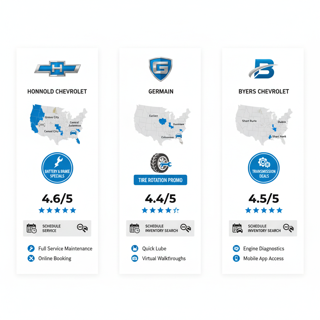 Infographic comparing features ratings and services of top three Chevrolet dealerships in Columbus Ohio