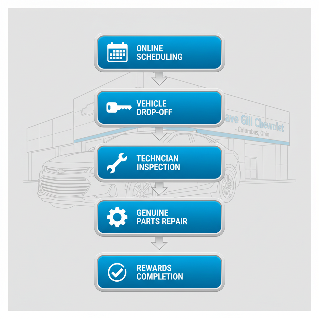 Vertical process flow diagram showing five steps for Chevy service availability in Columbus, Ohio, including online scheduling, drop-off, inspection, repair, and completion.