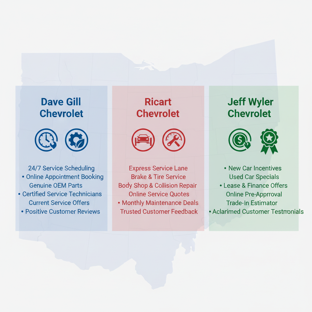 Infographic comparing services of Dave Gill Chevrolet, Ricart Chevrolet, and Jeff Wyler in Columbus, Ohio