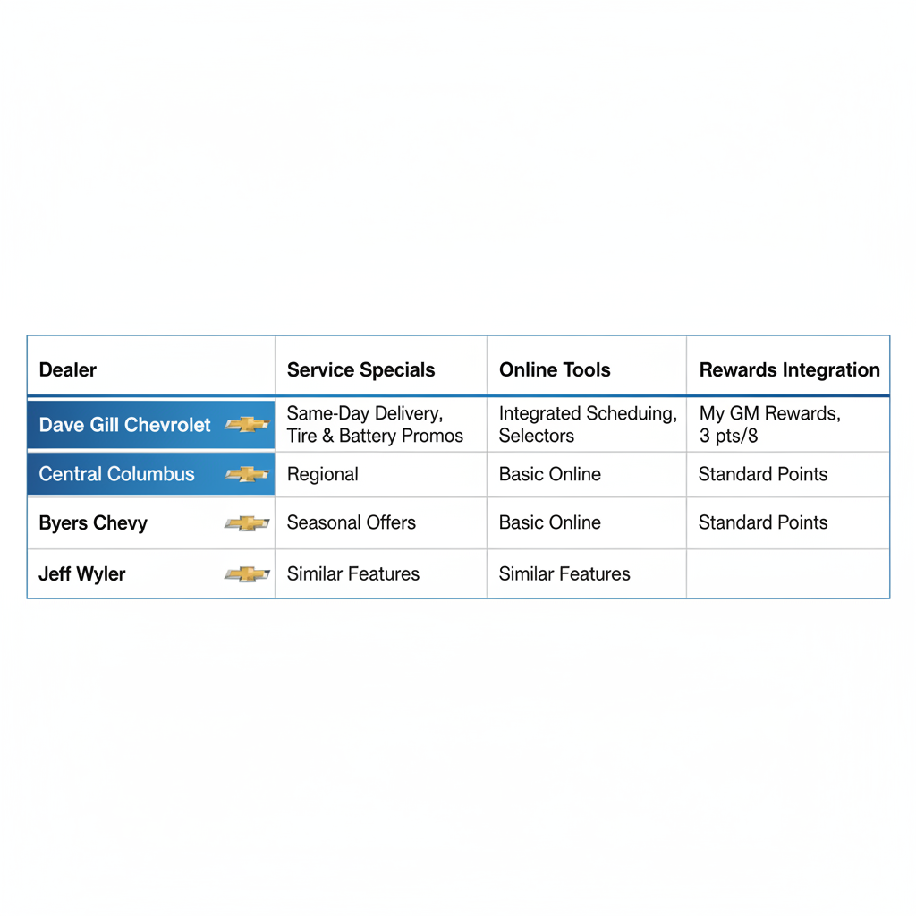 Infographic comparing Chevy dealers in Columbus area, featuring Dave Gill Chevrolet's services and tools against competitors.