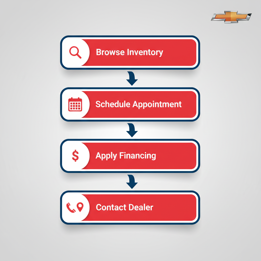 Vertical process flow diagram illustrating four steps to engage with a local Chevy dealer in Columbus, Ohio, featuring icons and Chevy branding.