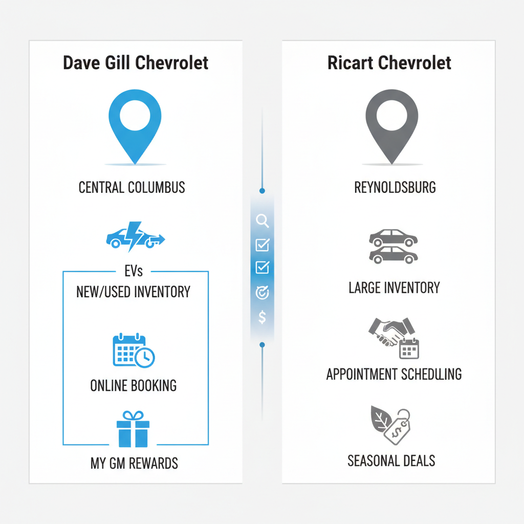 Infographic comparing Dave Gill Chevrolet and Ricart Chevrolet dealerships in Columbus, highlighting inventory, services, and promotions.