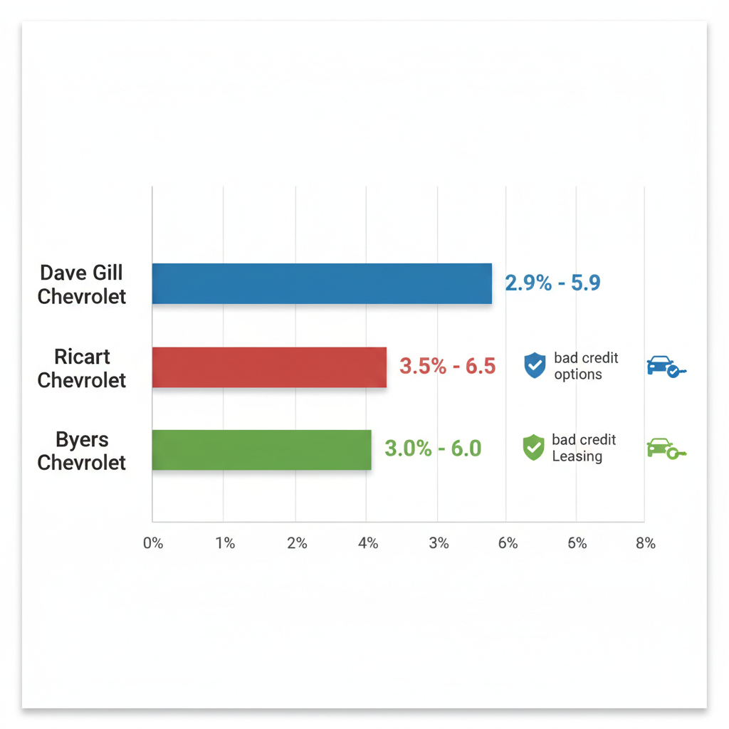 Horizontal bar chart showing APR ranges for Chevrolet financing options at Dave Gill Chevrolet, Ricart Chevrolet, and Byers Chevrolet in Columbus, Ohio.