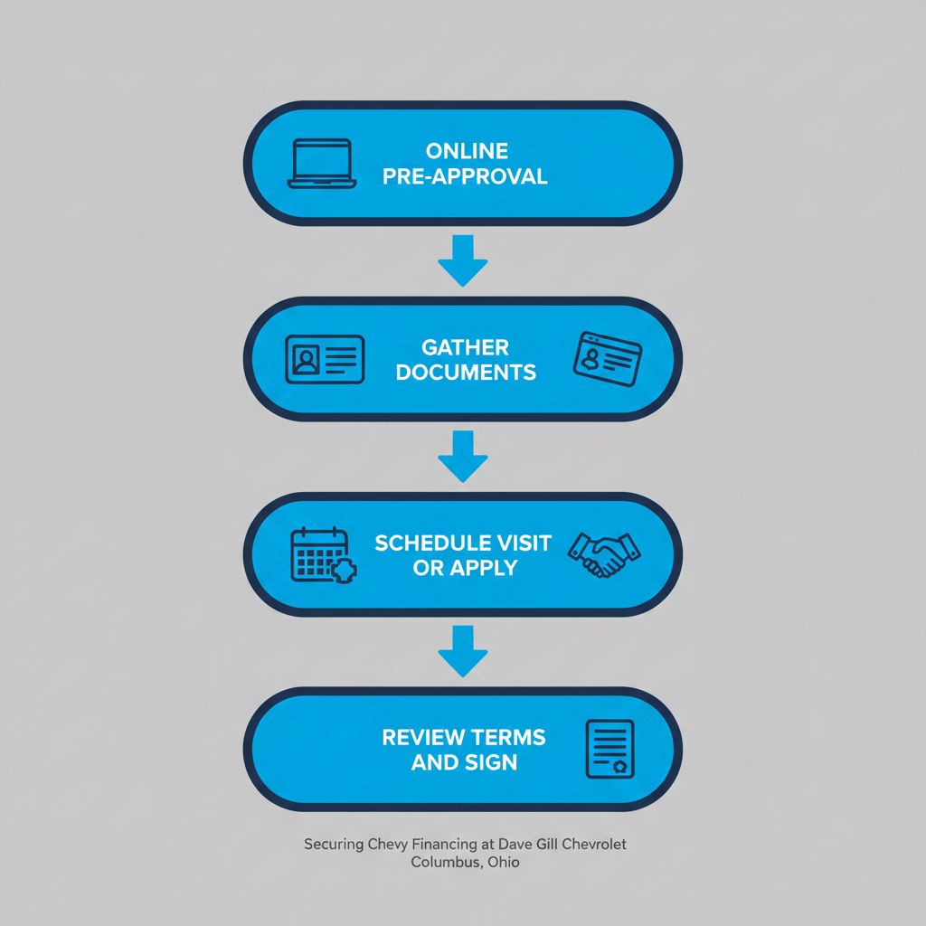 Vertical process flow diagram illustrating four steps to secure Chevy financing in Columbus, Ohio