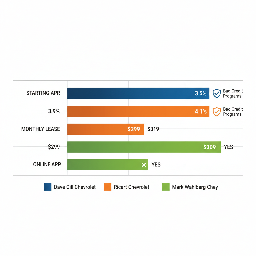 Horizontal bar chart comparing Chevrolet financing options including APR, lease specials, and applications across three Columbus dealerships.