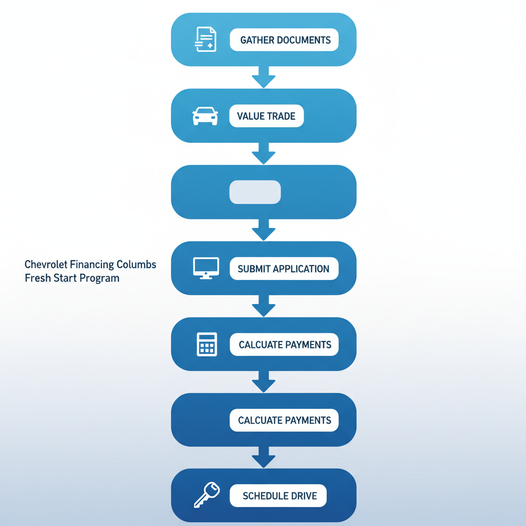 Vertical process flow diagram illustrating five steps for starting Chevrolet financing in Columbus: gathering documents with ID icon, valuing trade with car exchange icon, submitting online application with laptop icon, calculating payments with calculator icon, and scheduling test drive with calendar icon.
