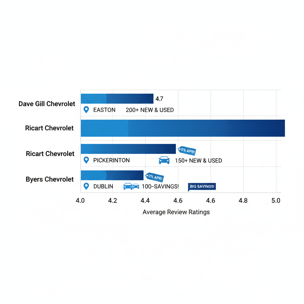 Bar chart comparing review ratings and features of Chevrolet dealerships in Columbus area