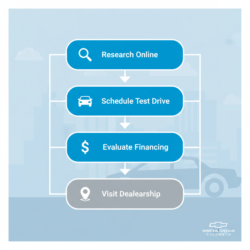 Vertical process flow diagram illustrating four steps to begin a Chevy purchase: research dealers online, schedule test drive, evaluate financing, and visit dealership in Columbus.
