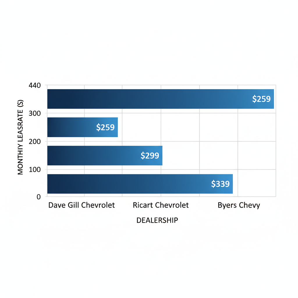 Horizontal bar chart comparing monthly Chevy lease rates across three Columbus dealerships with blue gradient bars and grid lines.