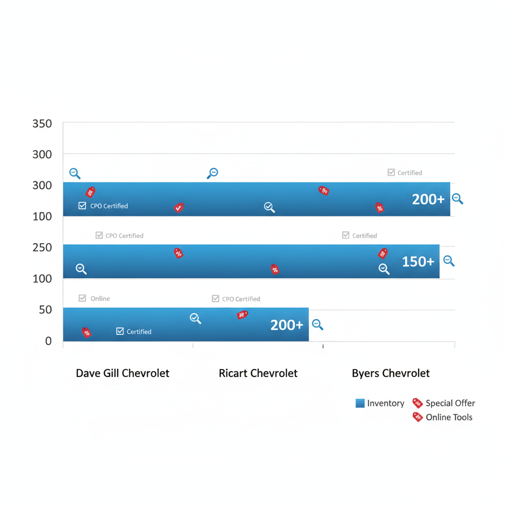 Horizontal bar chart comparing pre-owned Chevrolet vehicle inventory at Dave Gill Chevrolet (200+), Ricart Chevrolet (300+), and Byers Chevrolet (150+) in Columbus, Ohio, with icons for certifications, offers, and tools.