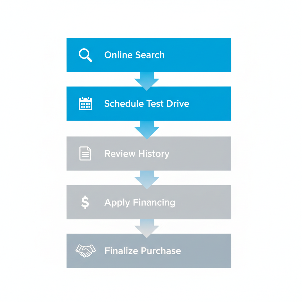Vertical process flow diagram showing five steps to purchase a pre-owned Chevrolet at Dave Gill in Columbus