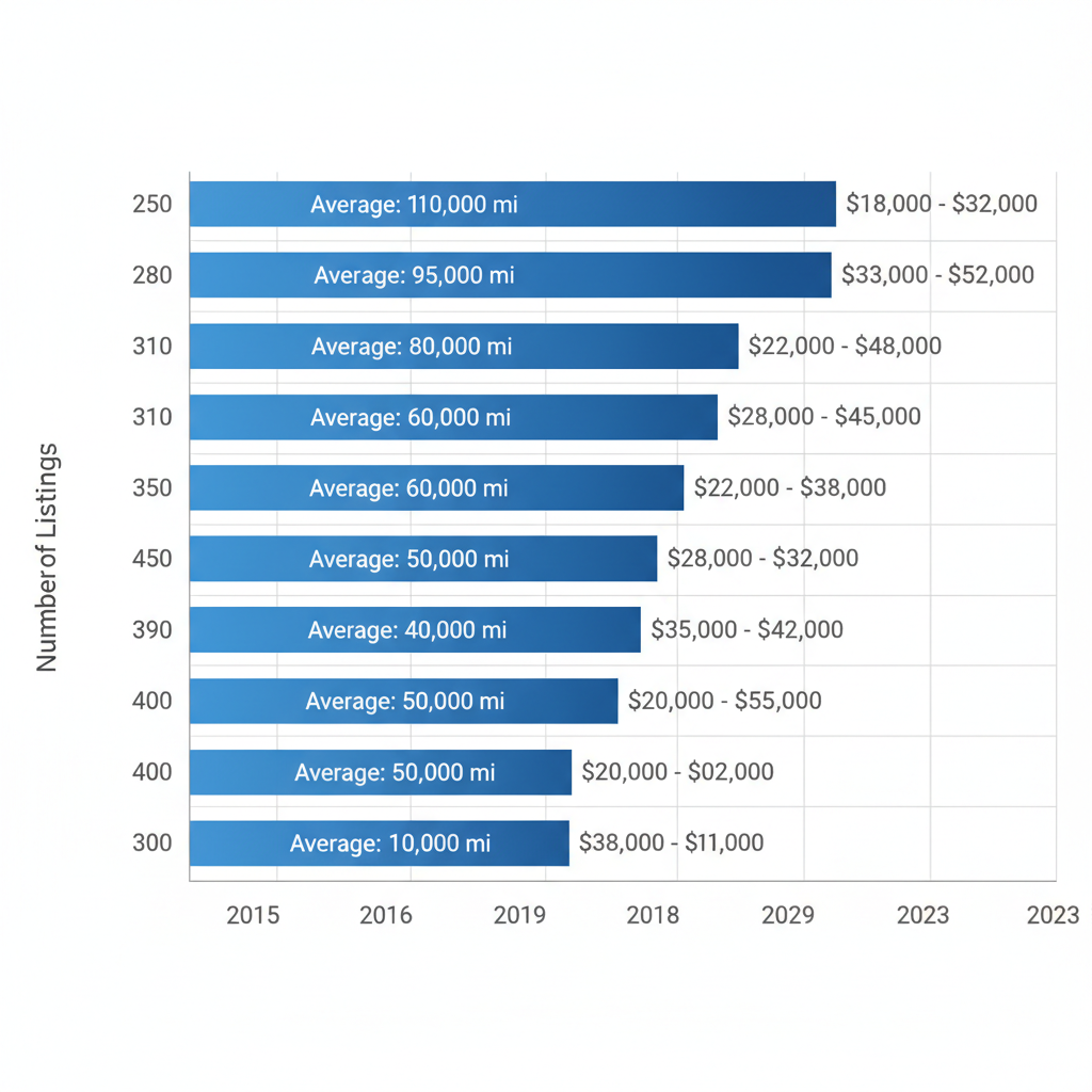 Horizontal bar chart showing used Chevrolet Silverado 1500 truck listings by model year in Columbus, Ohio, with counts, mileage, and prices.