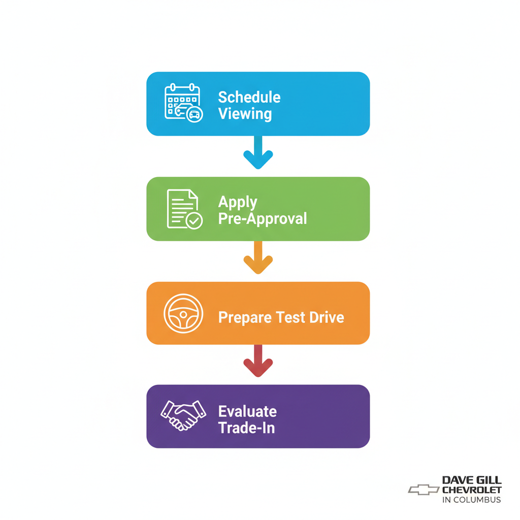 Vertical process flow diagram illustrating four steps for starting a used Chevy SUV purchase at Dave Gill Chevrolet in Columbus.
