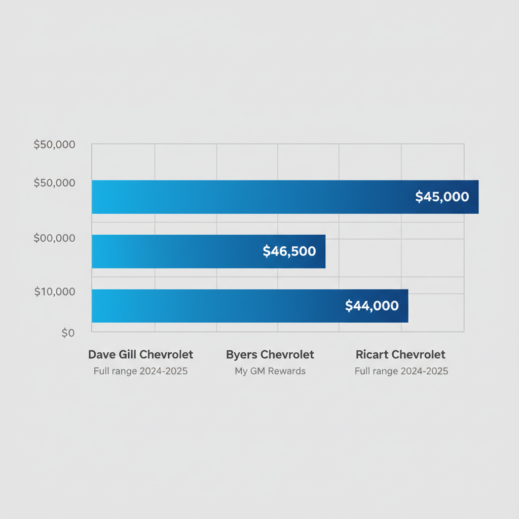 Horizontal bar chart comparing starting prices of new Chevy Silverado models at Dave Gill Chevrolet ($45,000), Byers Chevrolet ($46,500), and Ricart Chevrolet ($44,000) in Columbus, with notes on used availability and rewards.