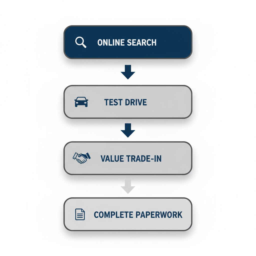 Vertical process flow diagram illustrating four steps for purchasing a Chevy Silverado: online inventory search, scheduling a test drive, valuing and selling trade-in, and completing paperwork.