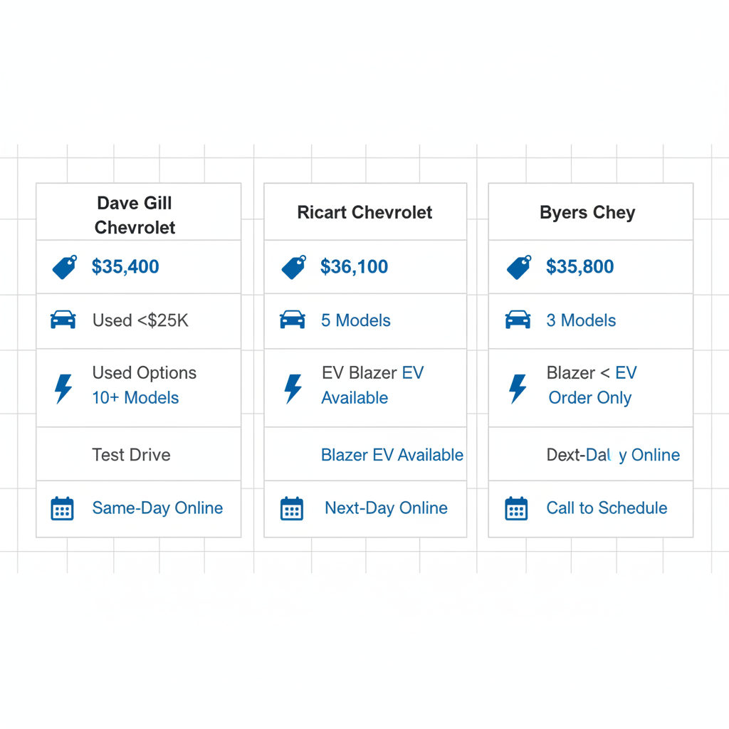 Infographic comparing Chevy Blazer pricing, used inventory, EV options, and scheduling at three Columbus Chevrolet dealers