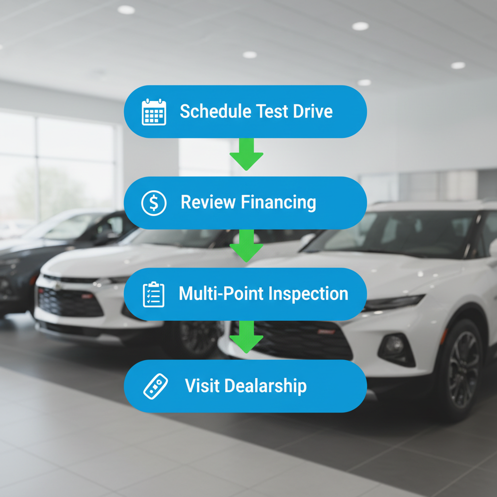 Vertical process flow diagram showing four steps to purchase a Chevy Blazer at Dave Gill Chevrolet in Columbus, Ohio