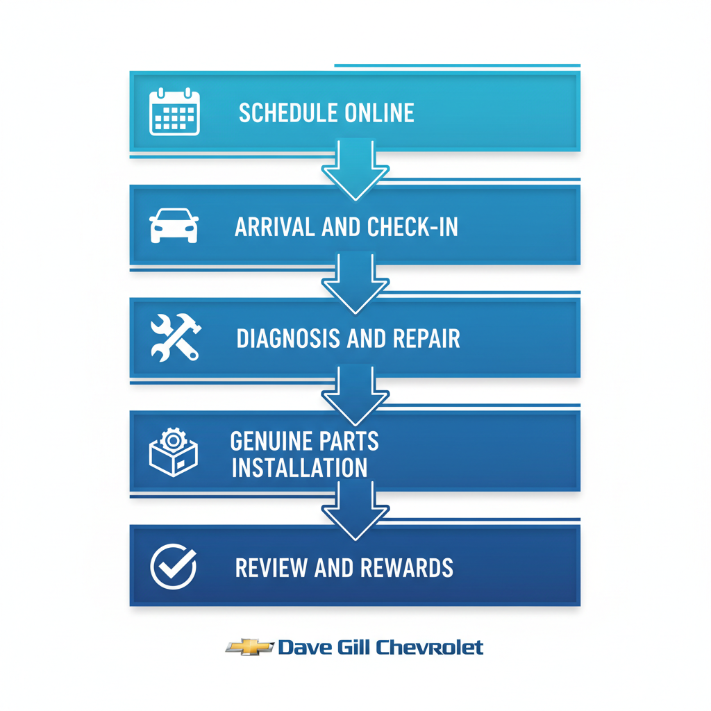 Vertical process flow illustrating five stages of Chevy Trax service at Dave Gill Chevrolet with icons and minimal labels