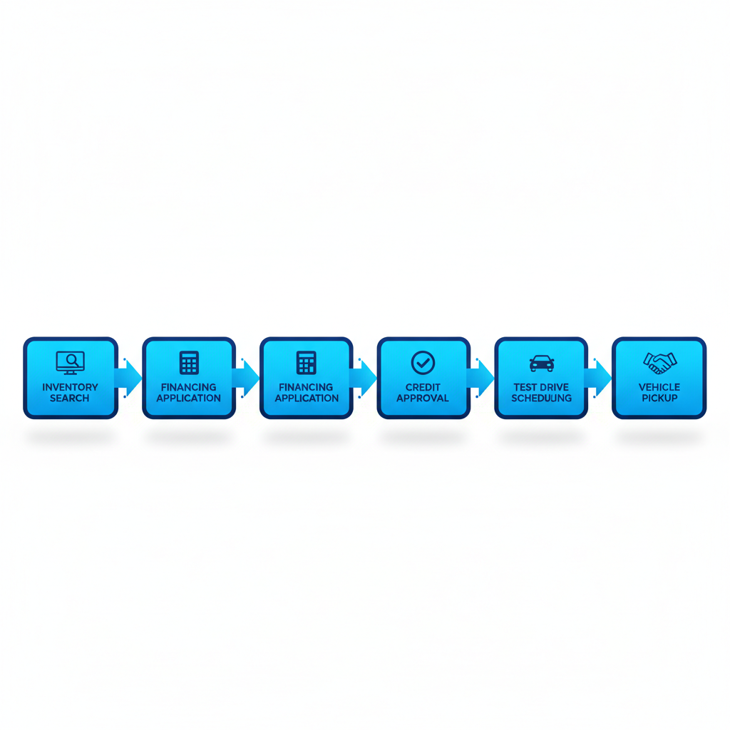 Horizontal process flow diagram illustrating steps to purchase a used Chevrolet in Columbus: online search, financing, approval, test drive, and pickup.