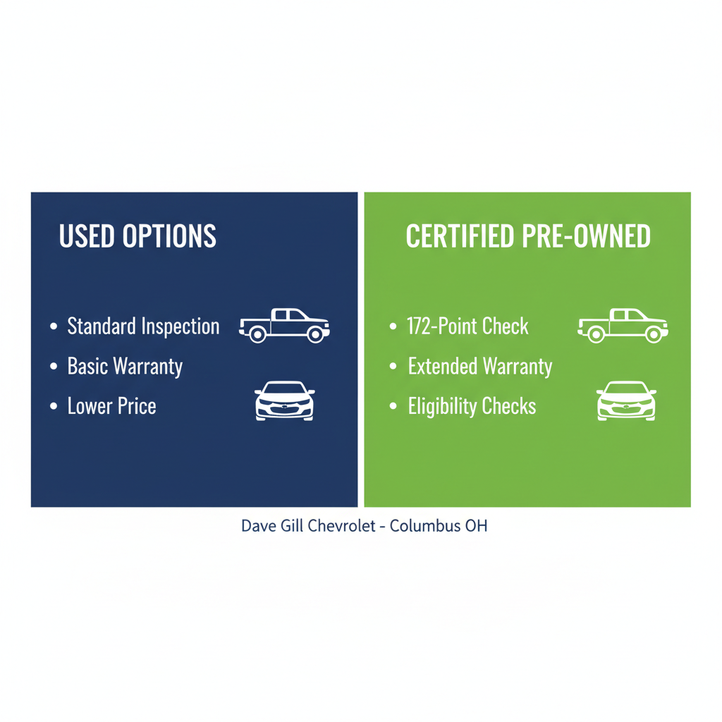 Infographic comparing used and certified pre-owned Chevrolet vehicles, showing inspections, warranties, and prices with icons for Silverado and Malibu models.