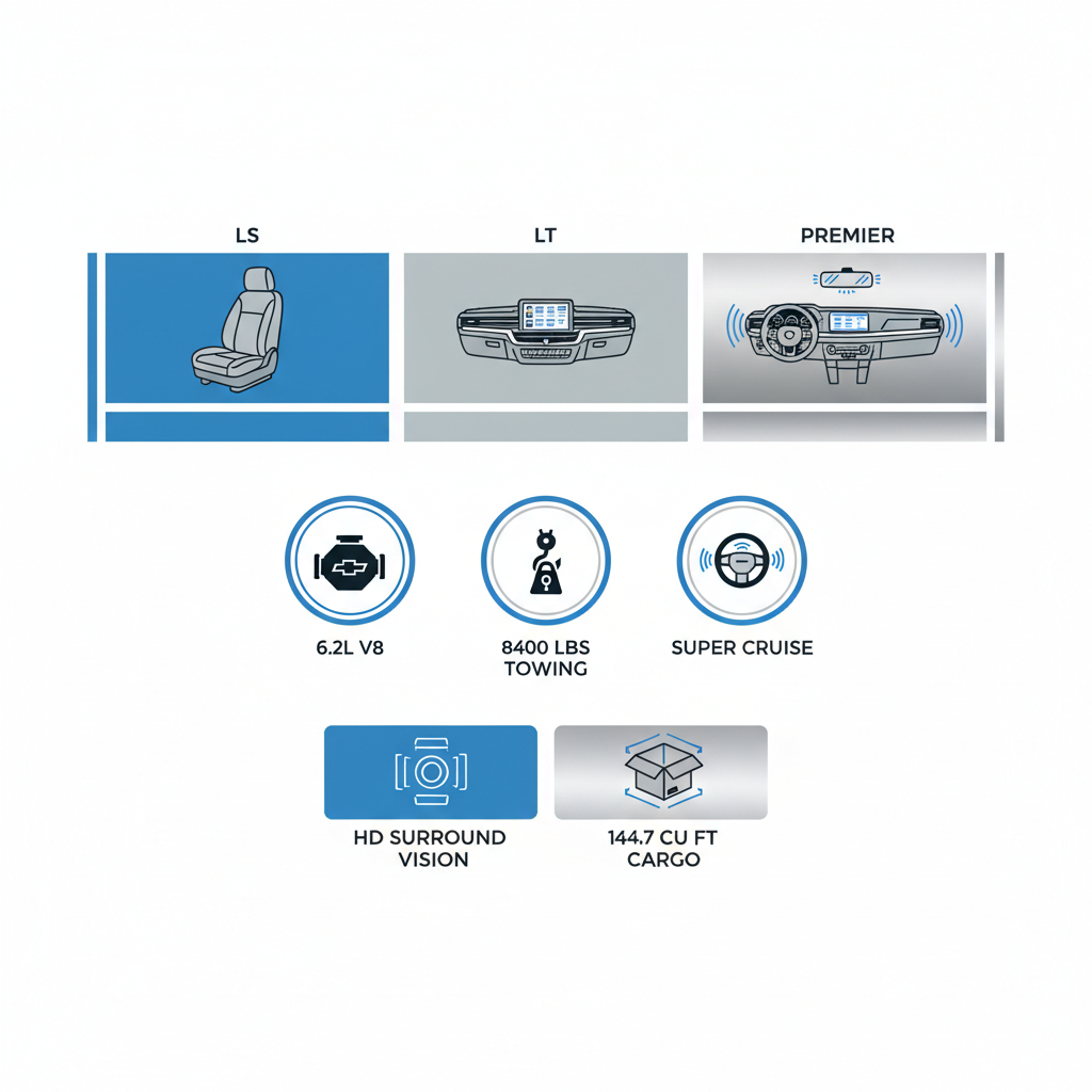 Infographic showing key features and models of the 2026 Chevy Suburban including trims, performance, and safety specs.