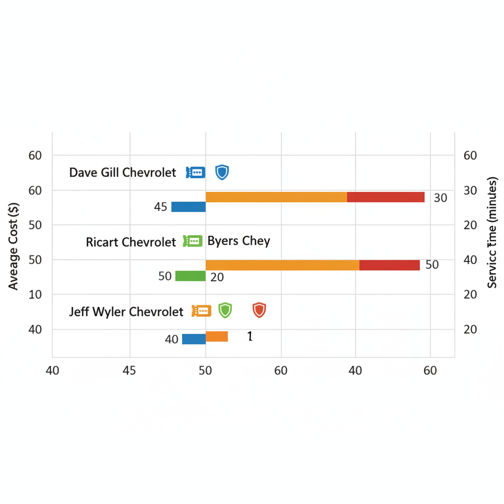 Horizontal bar chart comparing oil change costs and times at four Columbus Chevrolet dealerships with color-coded bars and icons for specials and guarantees