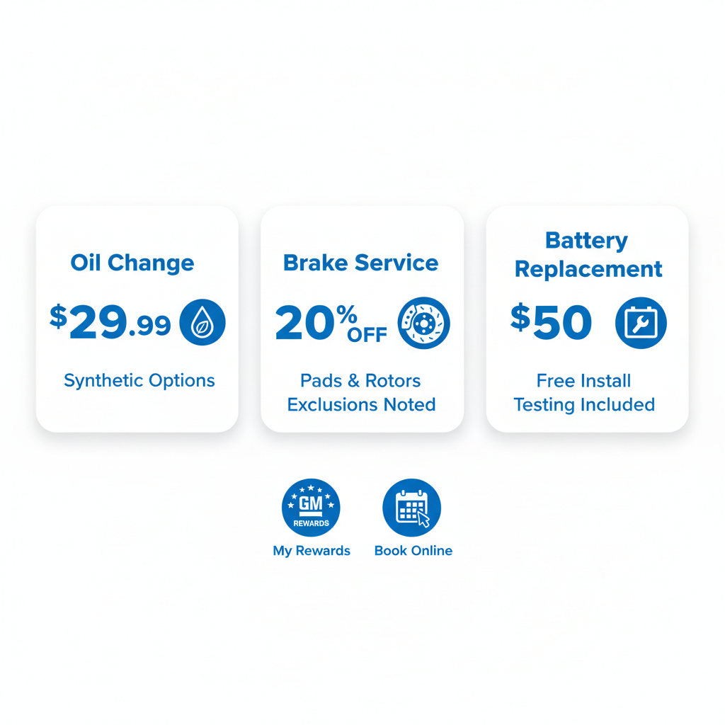 Infographic showing Chevy service specials for oil change, brake service, and battery replacement at Dave Gill Chevrolet