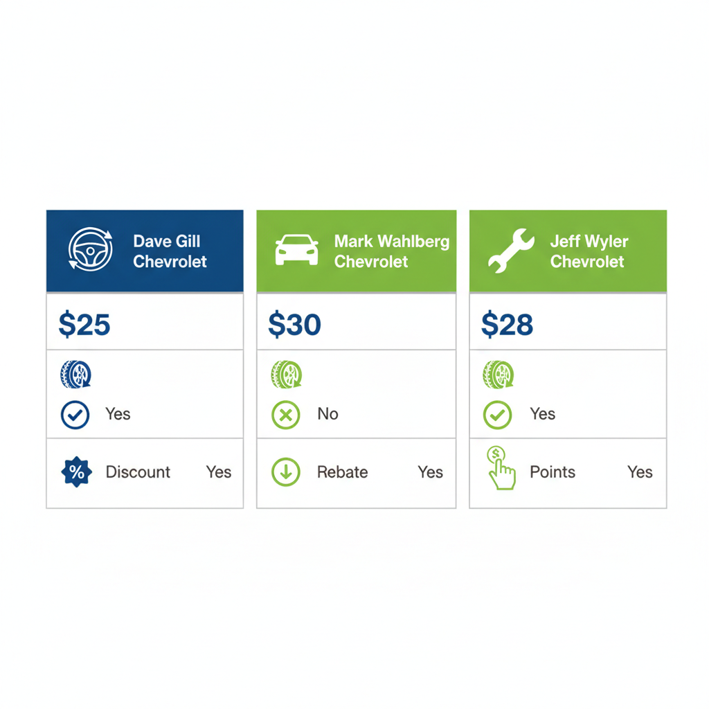 Infographic comparing tire services including costs, alignment inclusion, special deals, and OEM parts availability at three Columbus Chevrolet dealers.