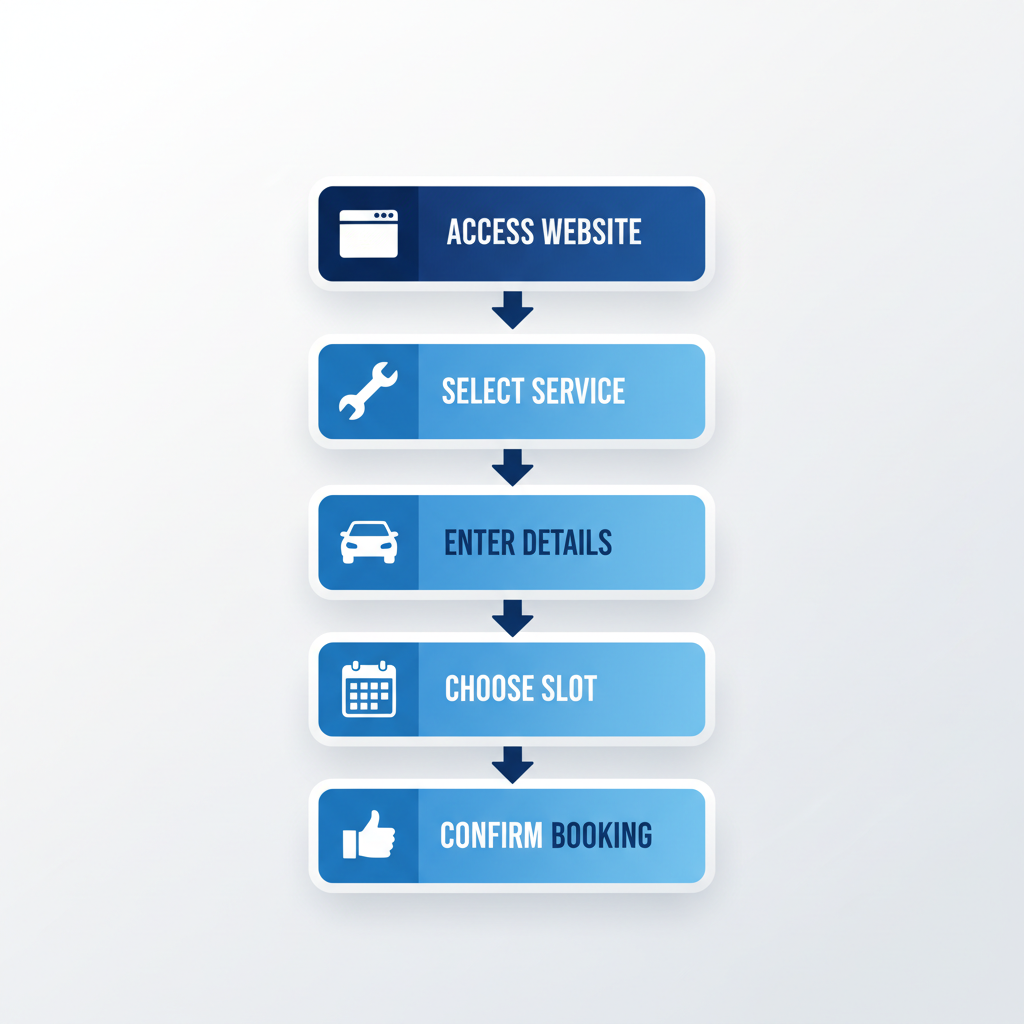 Vertical process flow diagram illustrating the five steps to schedule Chevy battery service online at a Chevrolet dealer.