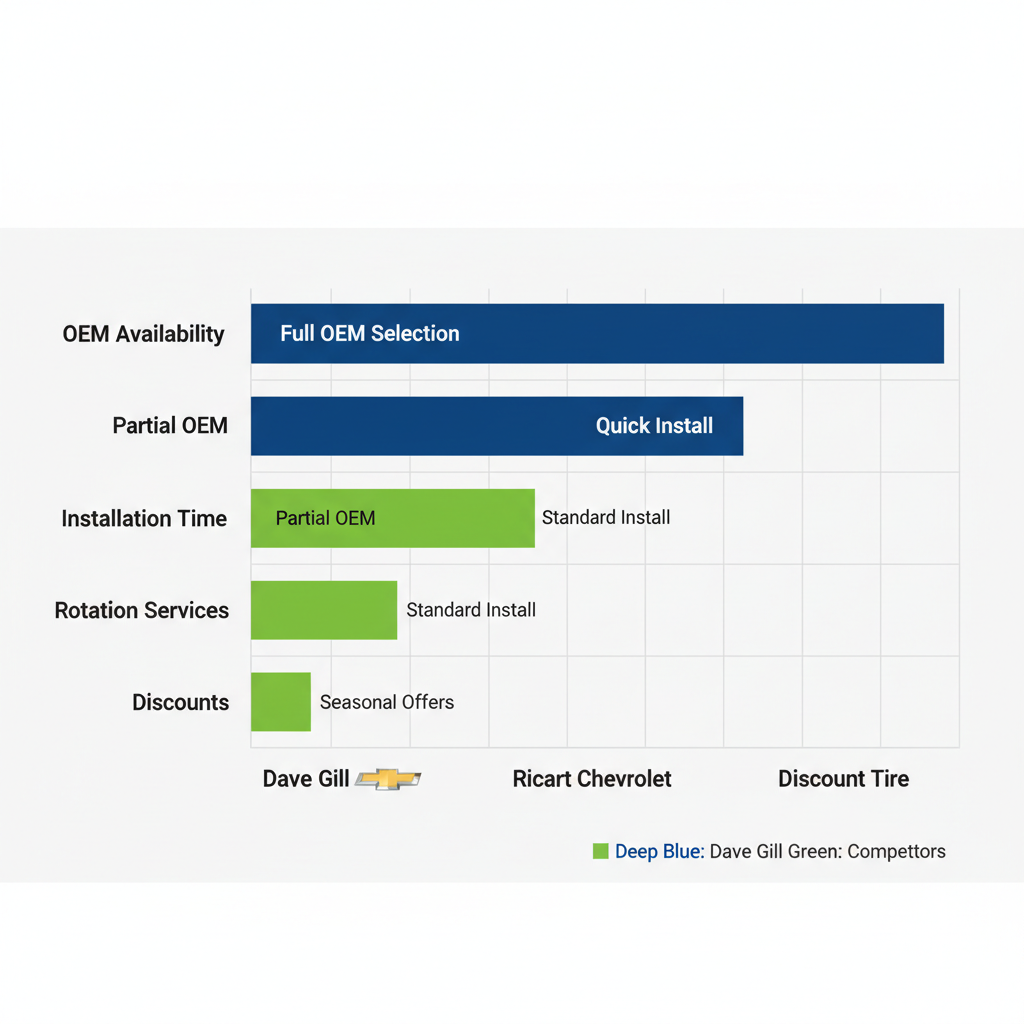 Horizontal bar chart comparing tire service features of Dave Gill Chevrolet versus Ricart Chevrolet and Discount Tire in Columbus, highlighting OEM availability, installation time, rotations, and discounts.