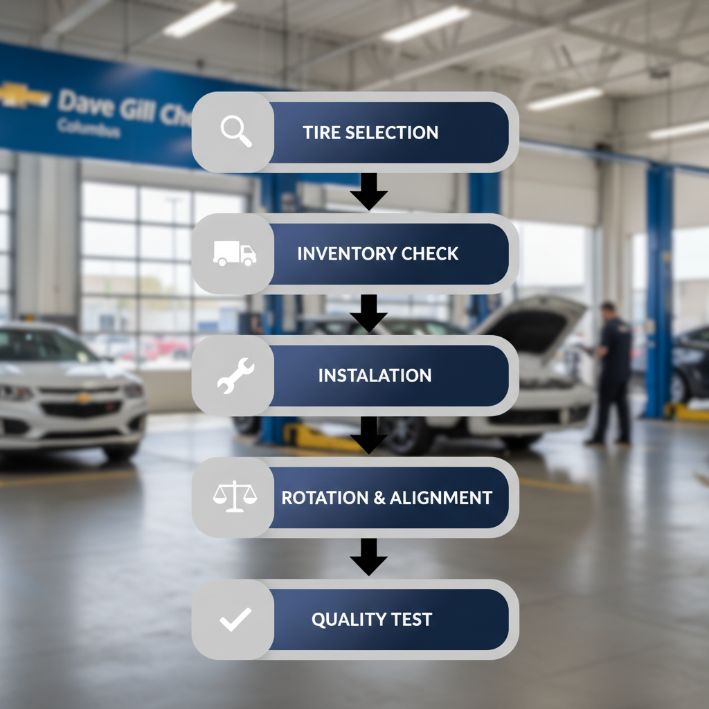 Vertical process flow diagram of Chevrolet tire service steps including selection, check, installation, rotation, alignment, and quality test.