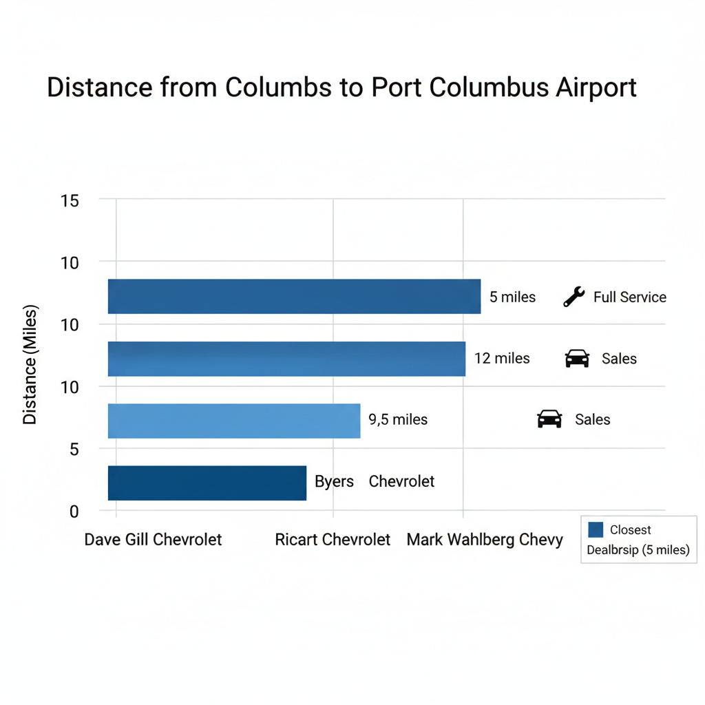 Horizontal bar chart comparing distances from Port Columbus Airport to nearby Chevrolet dealerships including Dave Gill Chevrolet highlighted as closest.