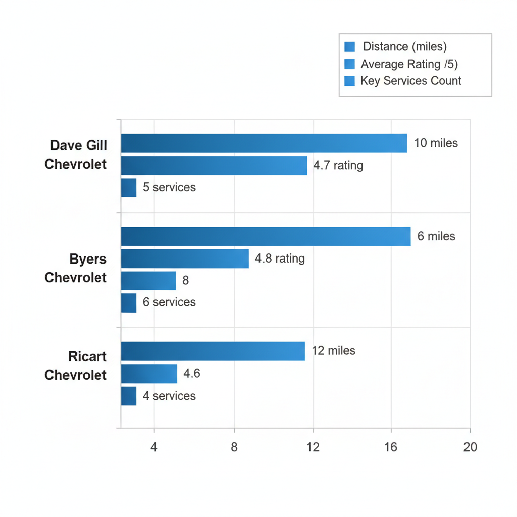 Horizontal bar chart comparing Dave Gill Chevrolet, Byers Chevrolet, and Ricart Chevrolet by distance, ratings, and services for Whitehall area drivers